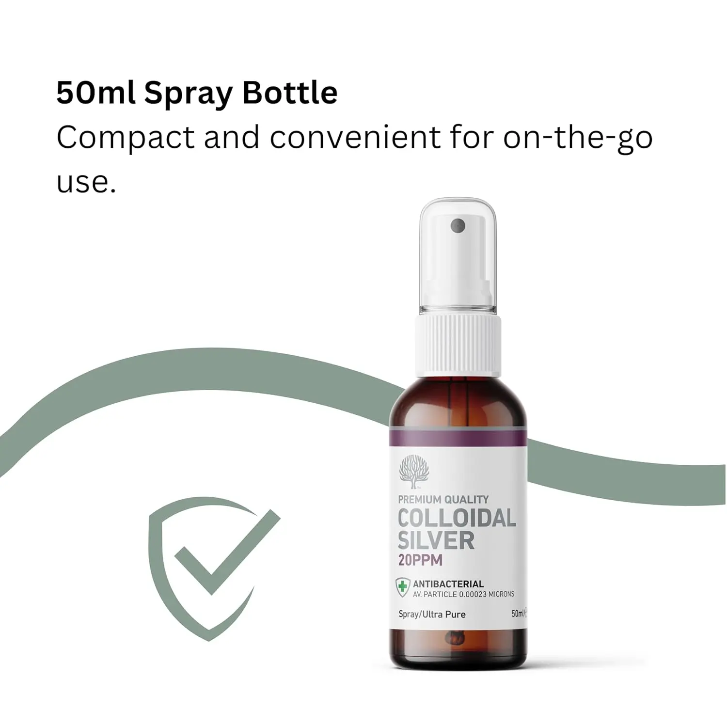Amber glass bottle of Nature's Greatest Secret colloidal silver spray, 20 ppm, pH 9, made in the UK with pure silver and reverse osmosis water.