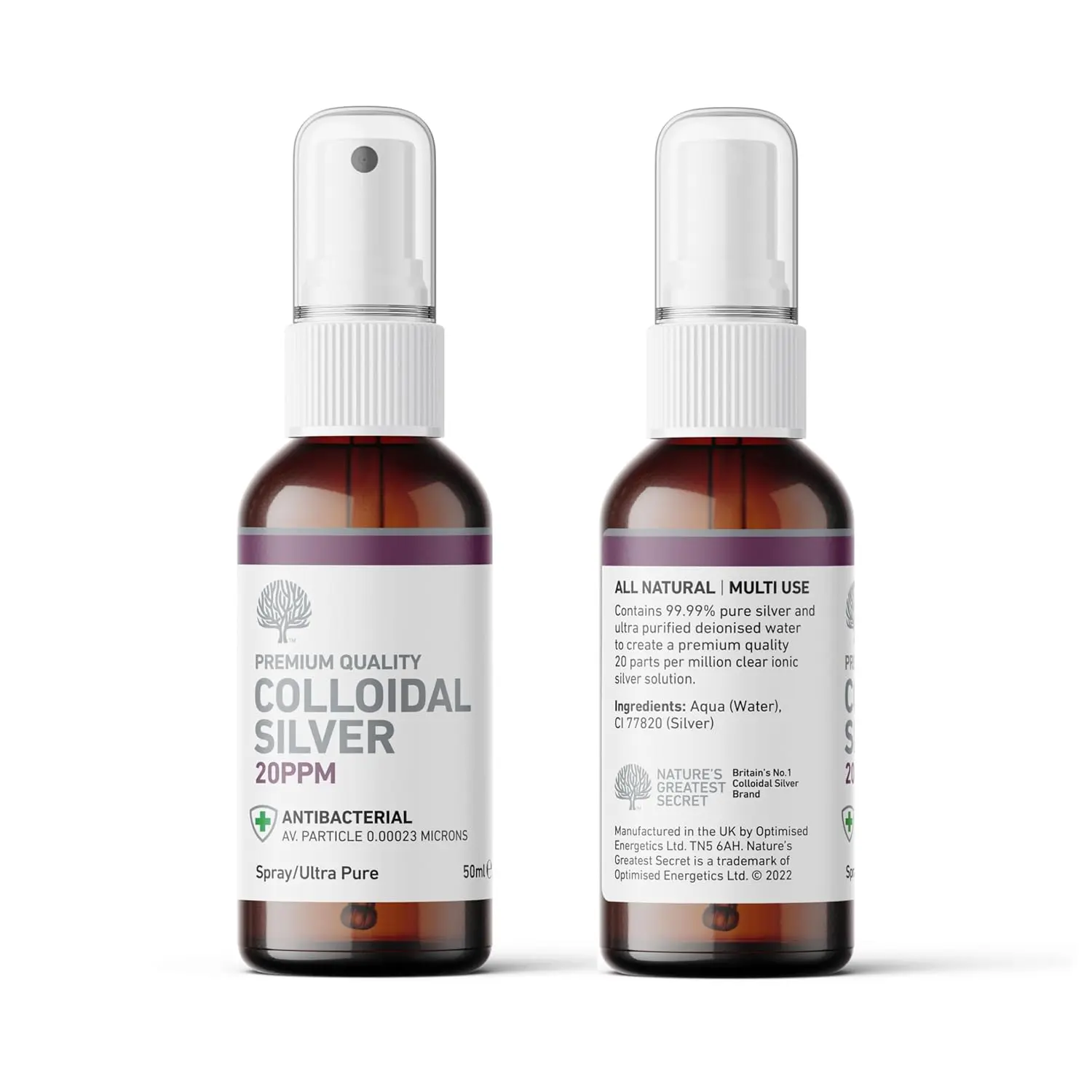 Amber glass bottle of Nature's Greatest Secret colloidal silver spray, 20 ppm, pH 9, made in the UK with pure silver and reverse osmosis water.