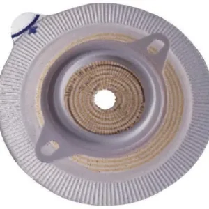 A box of Coloplast Assura colostomy barriers with a 1-3/8 inch stoma opening, featuring a red code silicone-based synthetic resin.