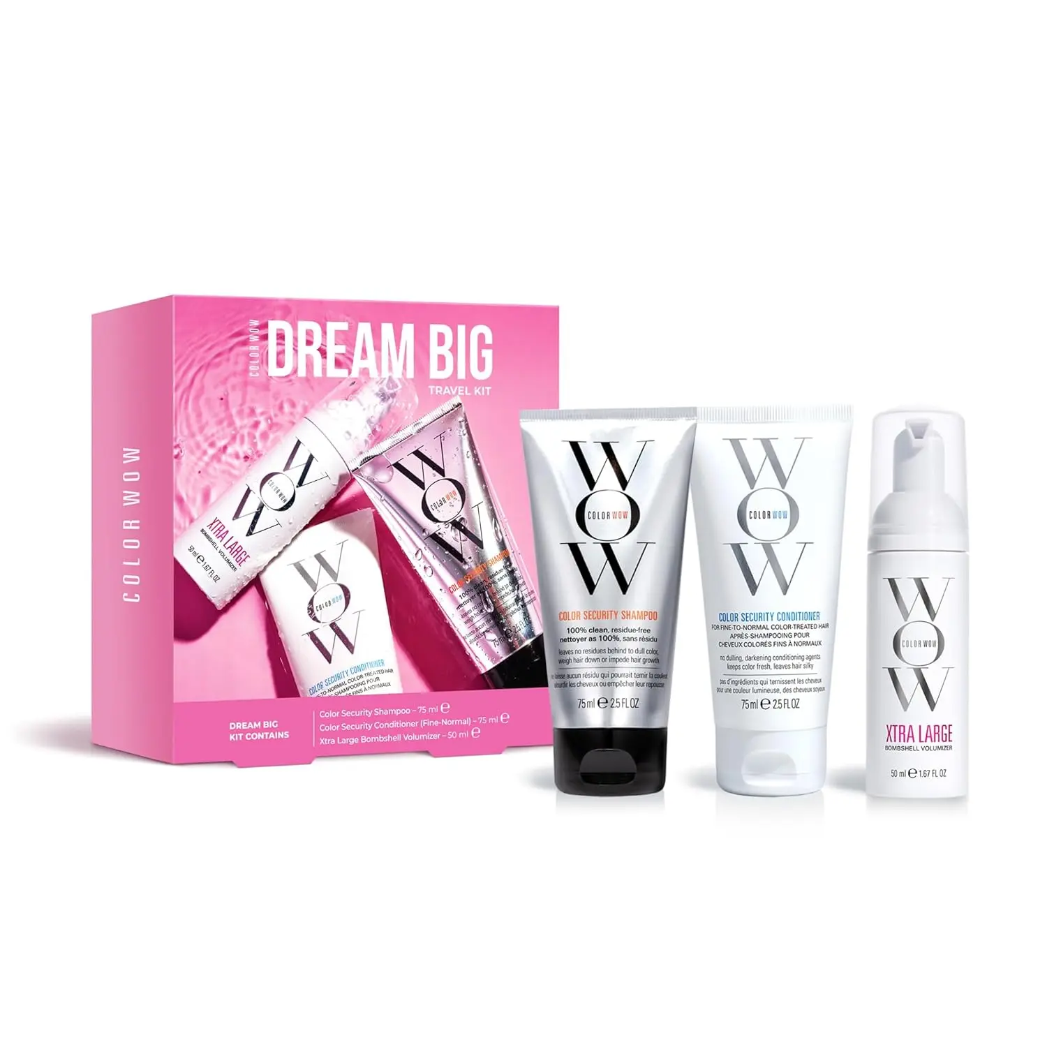The COLOR WOW Dream Big Travel Kit contains essential hair care products, including Dream Coat, to keep your hair frizz-free and manageable while traveling.