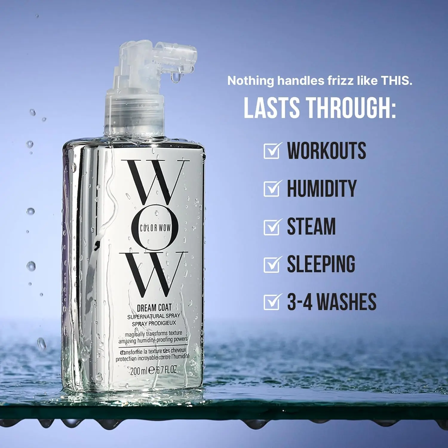 COLOR WOW Dreamcoat Supernatural Spray protects silver hair from humidity, frizz, and heat damage while sealing hair strands.
