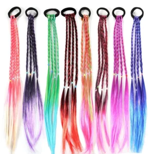 Six colorful braid hair extensions with rubber bands add a playful touch to girls' hairstyles, perfect for parties and everyday wear.