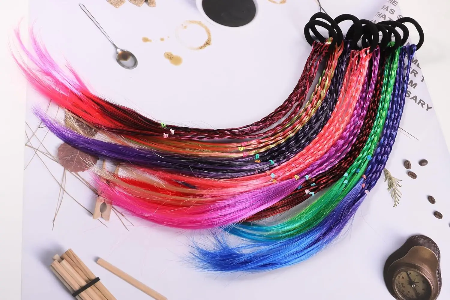 Six colorful braid hair extensions with rubber bands add a playful touch to girls' hairstyles, perfect for parties and everyday wear.