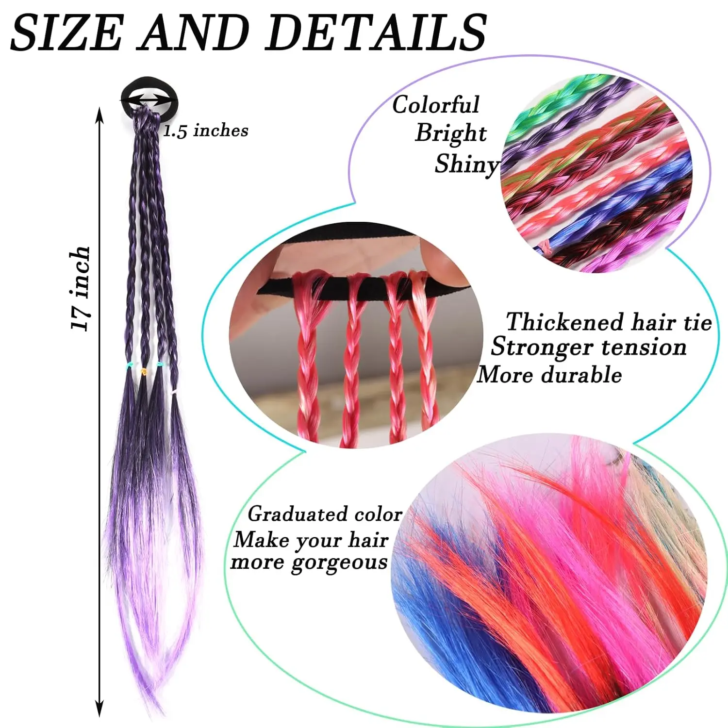 Six colorful braid hair extensions with rubber bands add a playful touch to girls' hairstyles, perfect for parties and everyday wear.