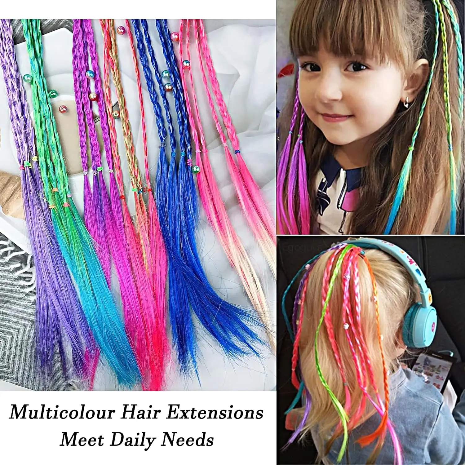 Six colorful braid hair extensions with rubber bands add a playful touch to girls' hairstyles, perfect for parties and everyday wear.