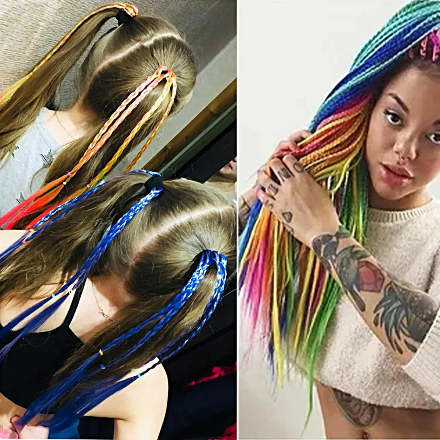 Six colorful braid hair extensions with rubber bands add a playful touch to girls' hairstyles, perfect for parties and everyday wear.