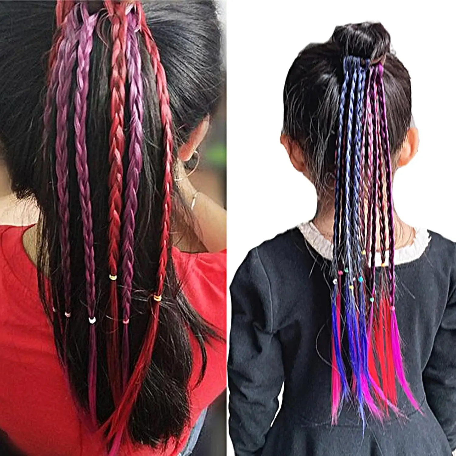 Six colorful braid hair extensions with rubber bands add a playful touch to girls' hairstyles, perfect for parties and everyday wear.