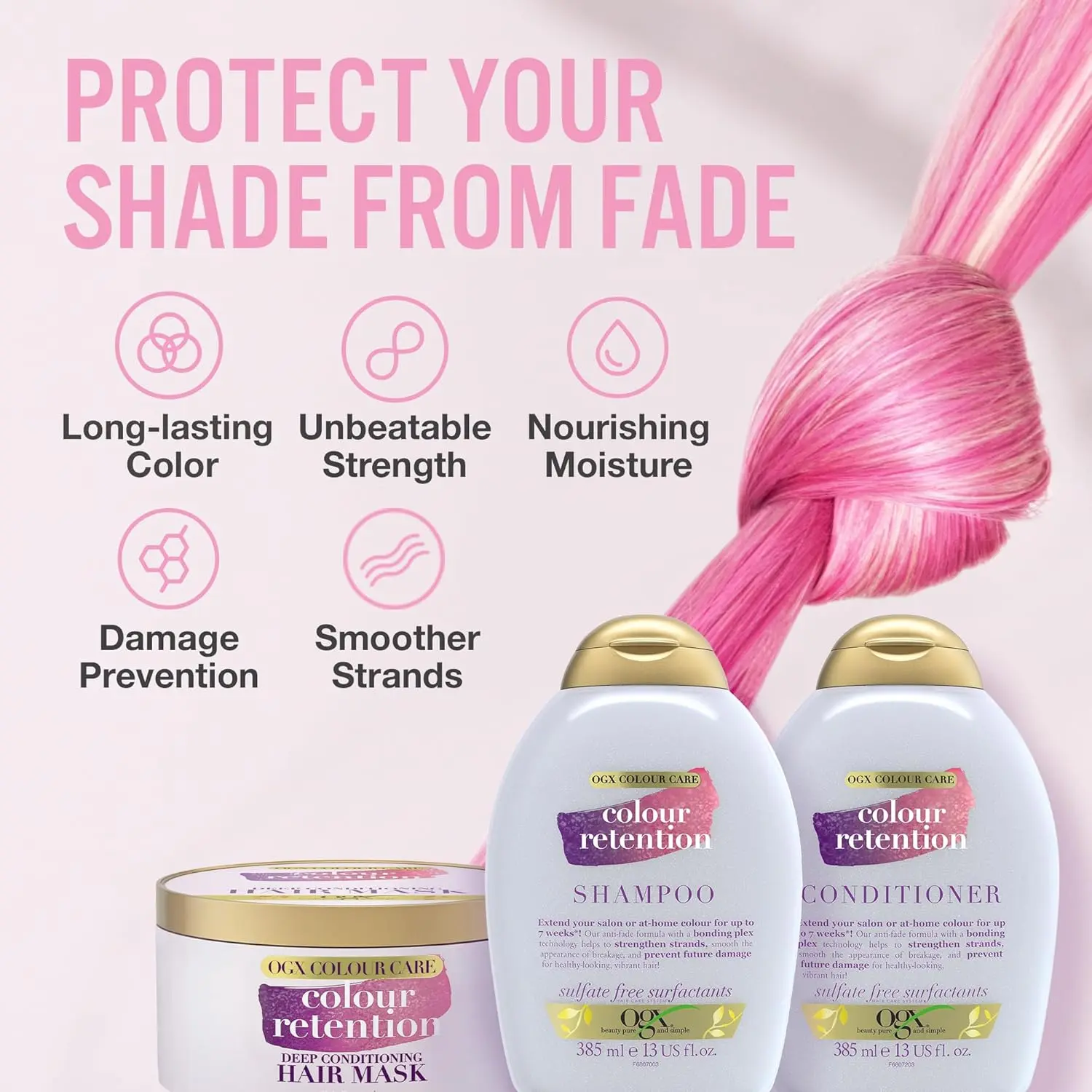 OGX colour care deep conditioning hair mask protects and moisturizes colour-treated hair, retaining vibrancy with UVA/UVB protection.