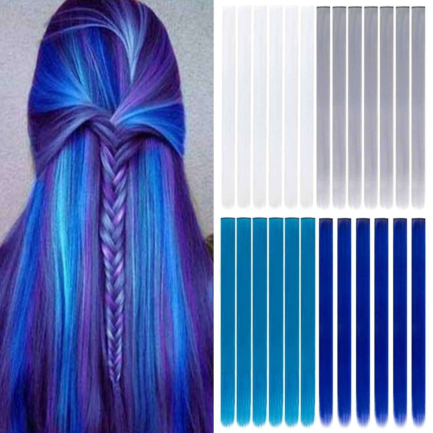 Twenty-four pieces of 50cm coloured clip in hair extensions in white, grey, blue and navy blue offer instant length, volume and a trendy look for girls and women.