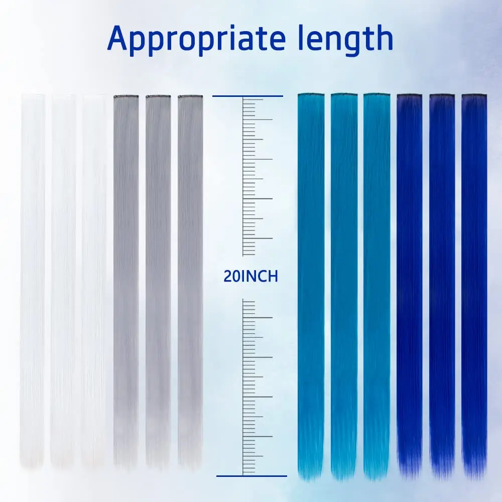 Twenty-four pieces of 50cm coloured clip in hair extensions in white, grey, blue and navy blue offer instant length, volume and a trendy look for girls and women.