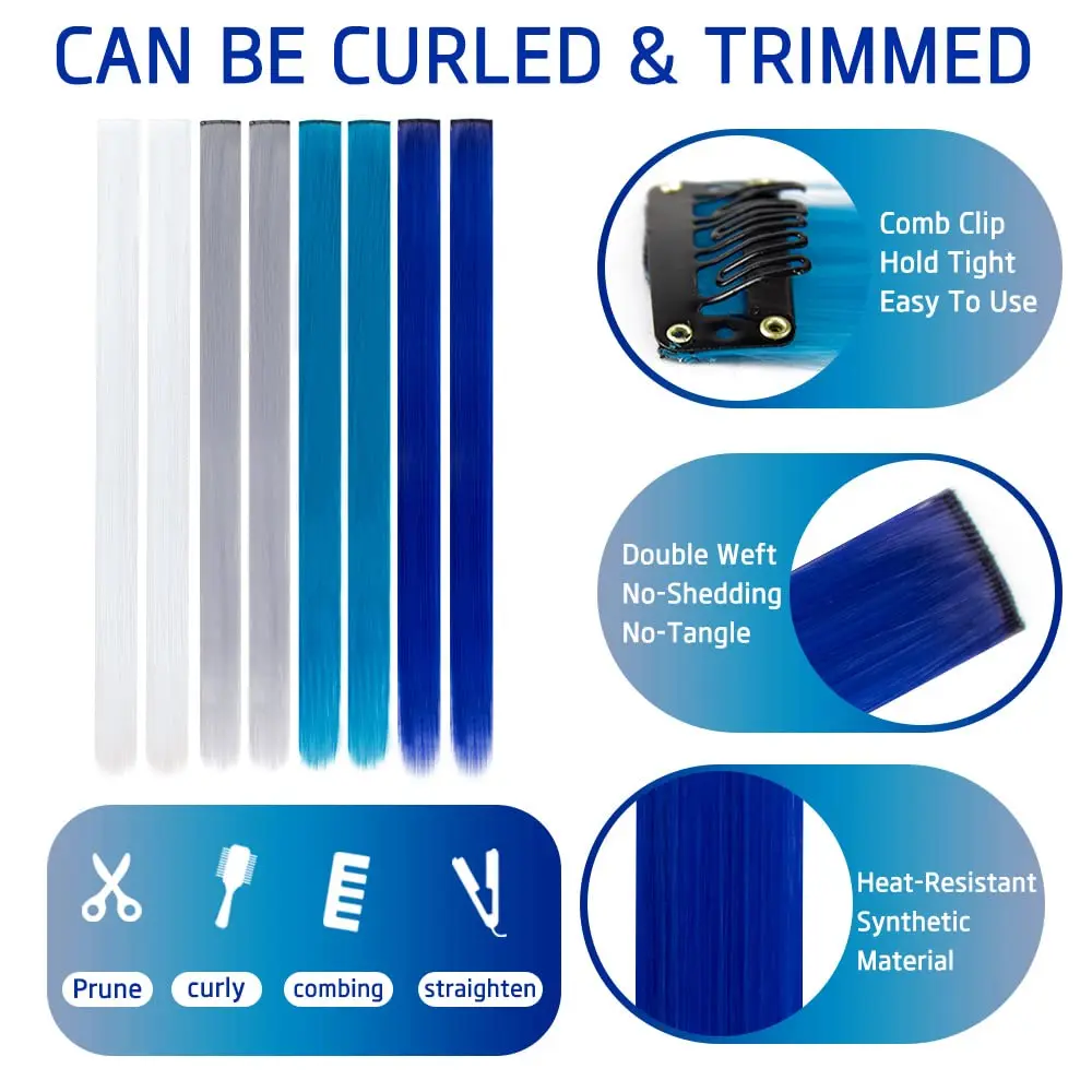 Twenty-four pieces of 50cm coloured clip in hair extensions in white, grey, blue and navy blue offer instant length, volume and a trendy look for girls and women.