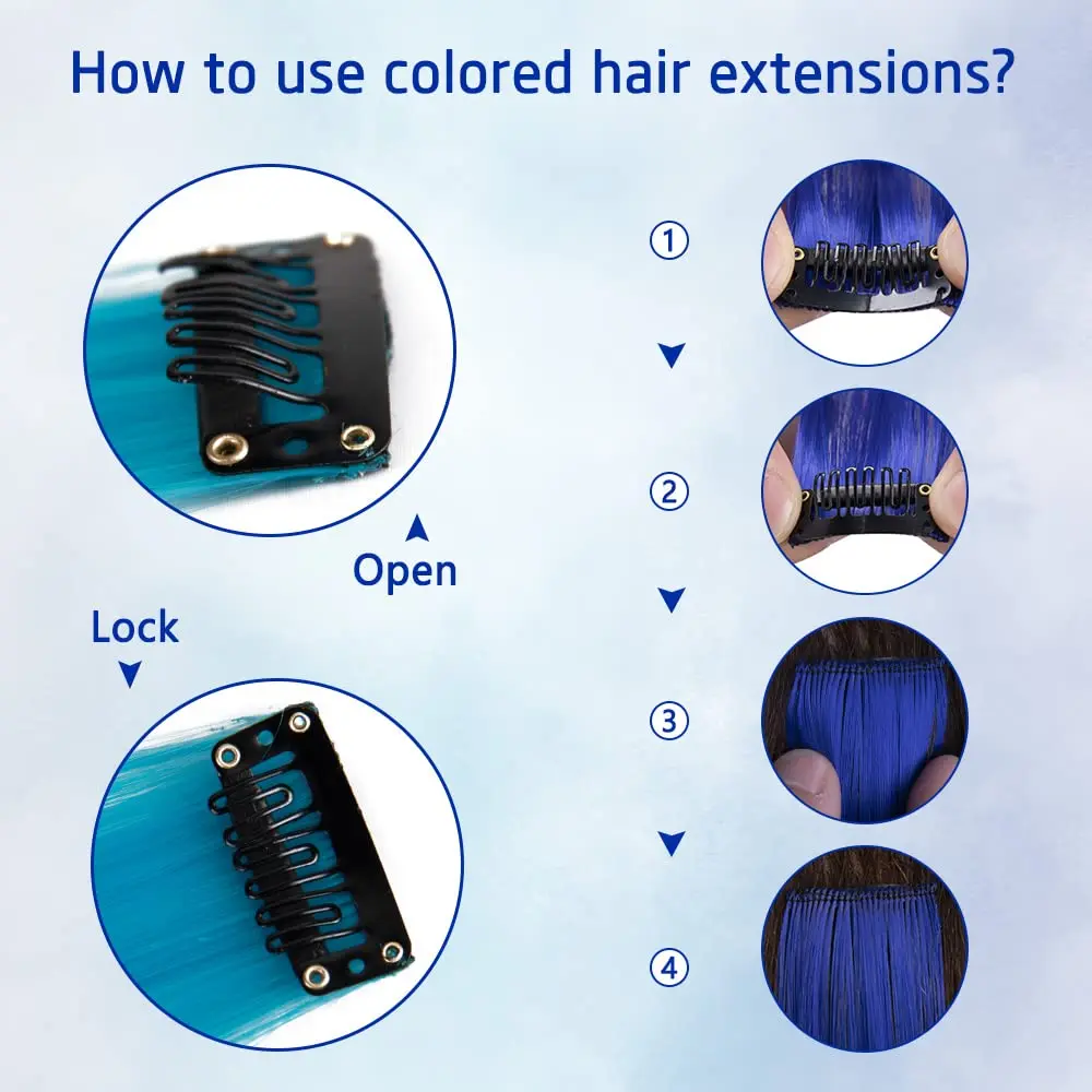Twenty-four pieces of 50cm coloured clip in hair extensions in white, grey, blue and navy blue offer instant length, volume and a trendy look for girls and women.