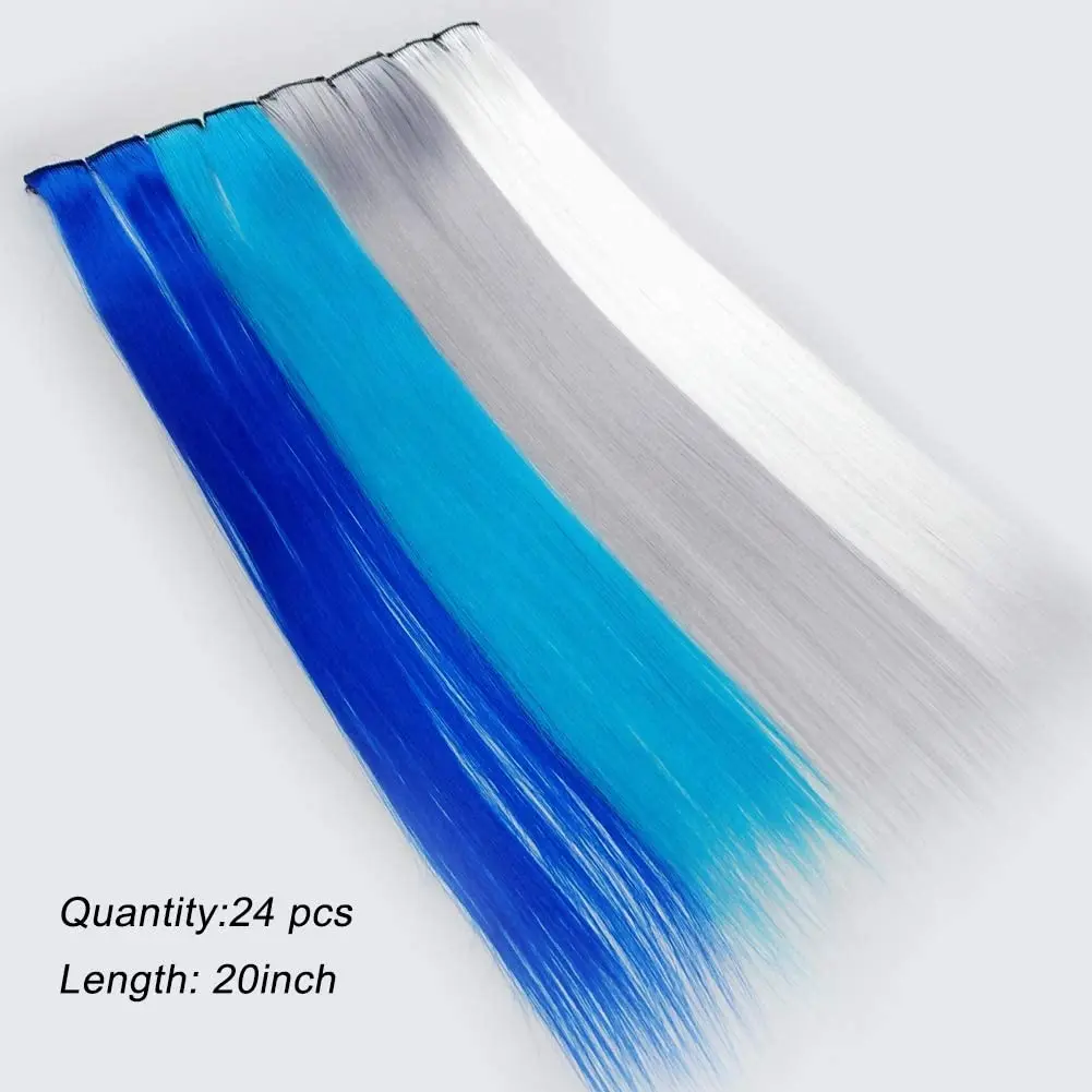 Twenty-four pieces of 50cm coloured clip in hair extensions in white, grey, blue and navy blue offer instant length, volume and a trendy look for girls and women.