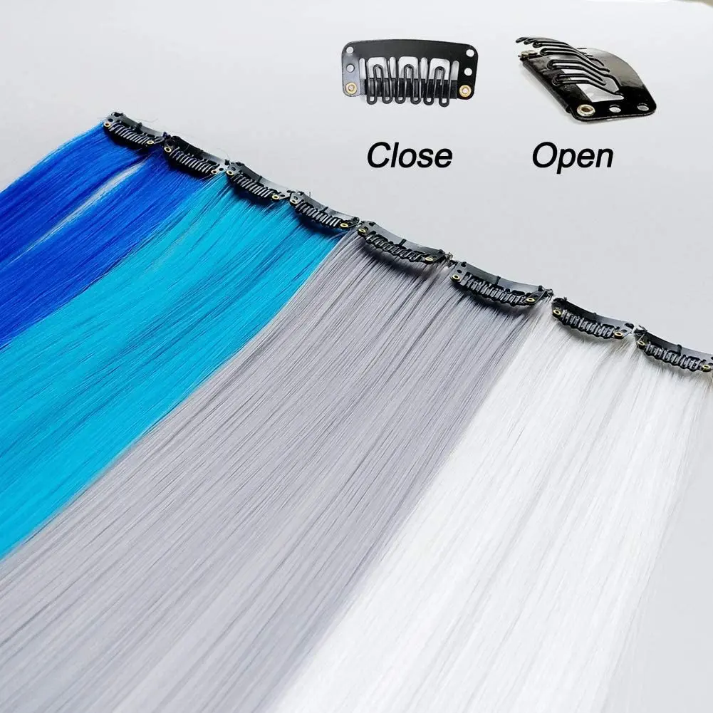 Twenty-four pieces of 50cm coloured clip in hair extensions in white, grey, blue and navy blue offer instant length, volume and a trendy look for girls and women.