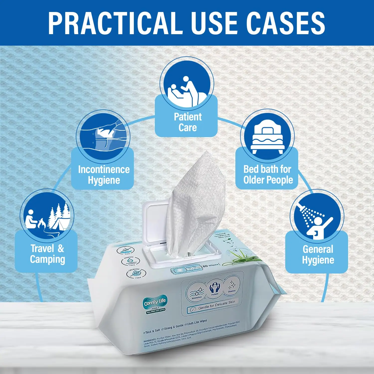 Comfy Life adult cleansing wipes provide a gentle and effective rinse-free clean, perfect for bed baths, incontinence care, and sensitive skin.