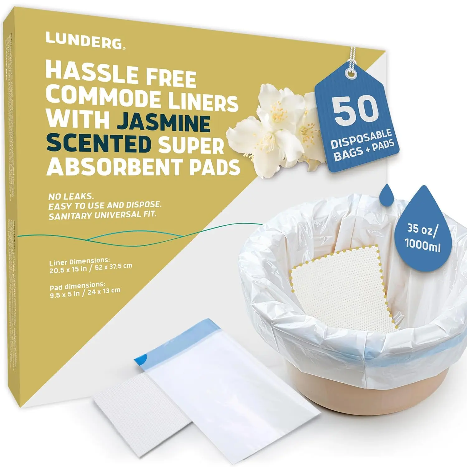 Lunderg commode liners with jasmine scented absorbent pads turn liquids into gel, eliminating odors and making cleanup easy for bedside commodes and portable toilets.