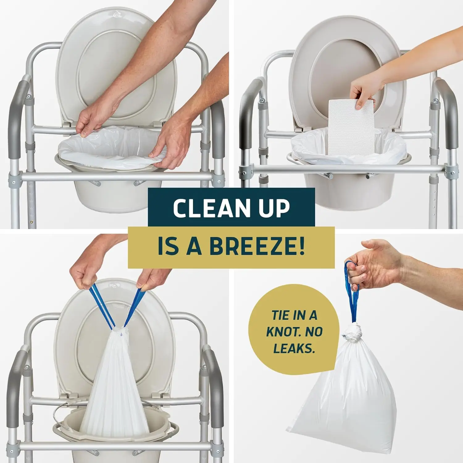 Lunderg commode liners with jasmine scented absorbent pads turn liquids into gel, eliminating odors and making cleanup easy for bedside commodes and portable toilets.