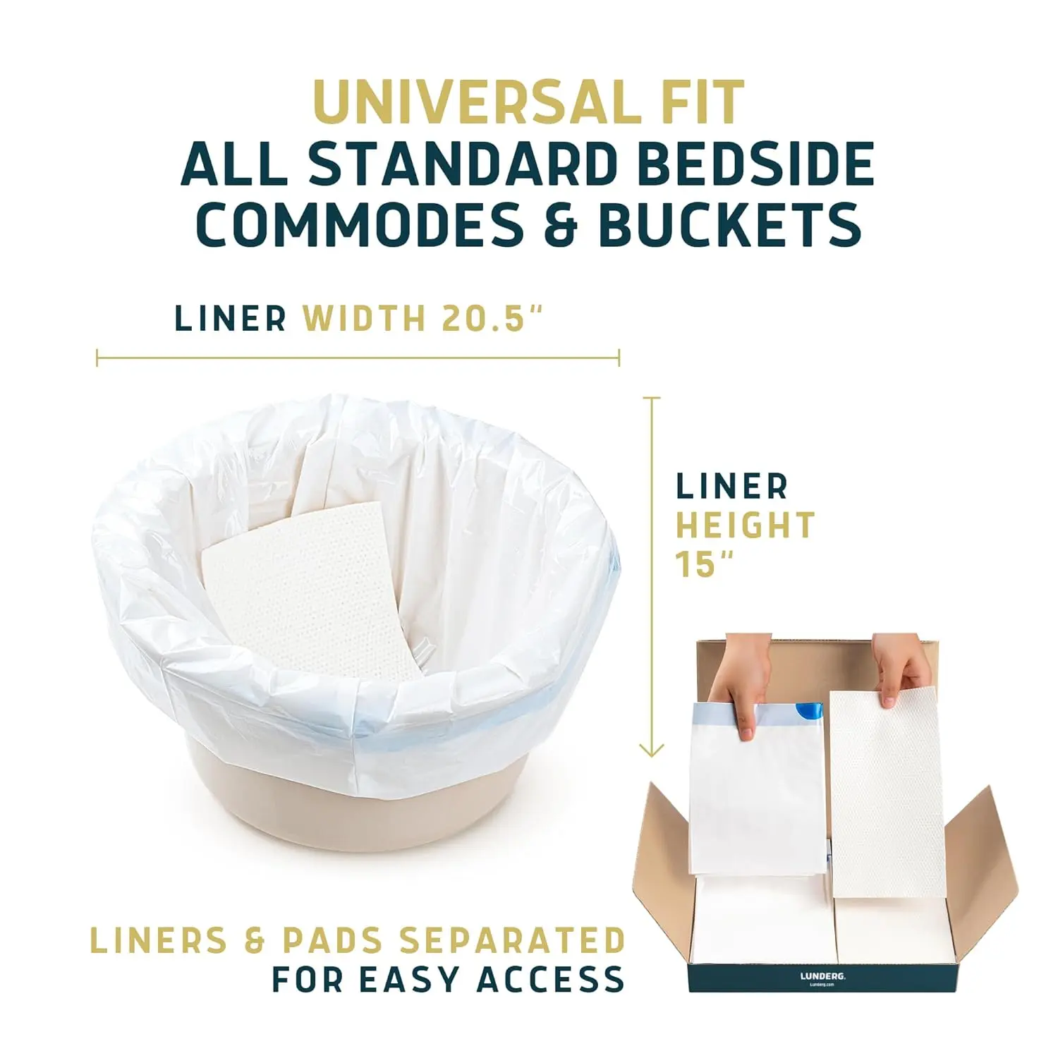 Lunderg commode liners with jasmine scented absorbent pads turn liquids into gel, eliminating odors and making cleanup easy for bedside commodes and portable toilets.