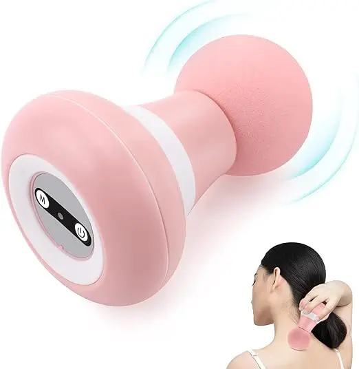 Pink compact handheld electric massage stick with six vibration modes for relieving muscle tension in the neck, shoulder, and back.