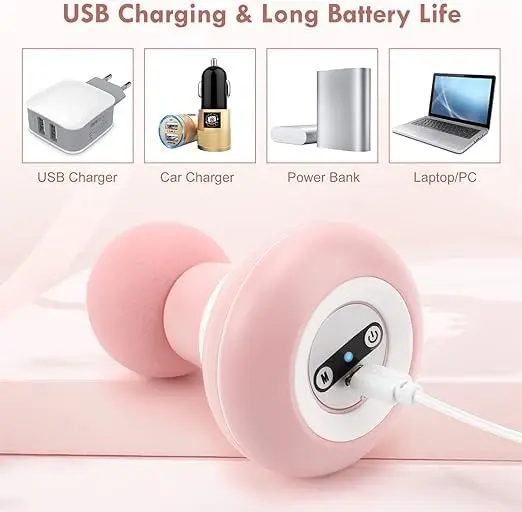 Pink compact handheld electric massage stick with six vibration modes for relieving muscle tension in the neck, shoulder, and back.