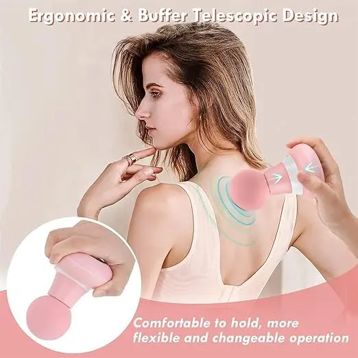 Pink compact handheld electric massage stick with six vibration modes for relieving muscle tension in the neck, shoulder, and back.