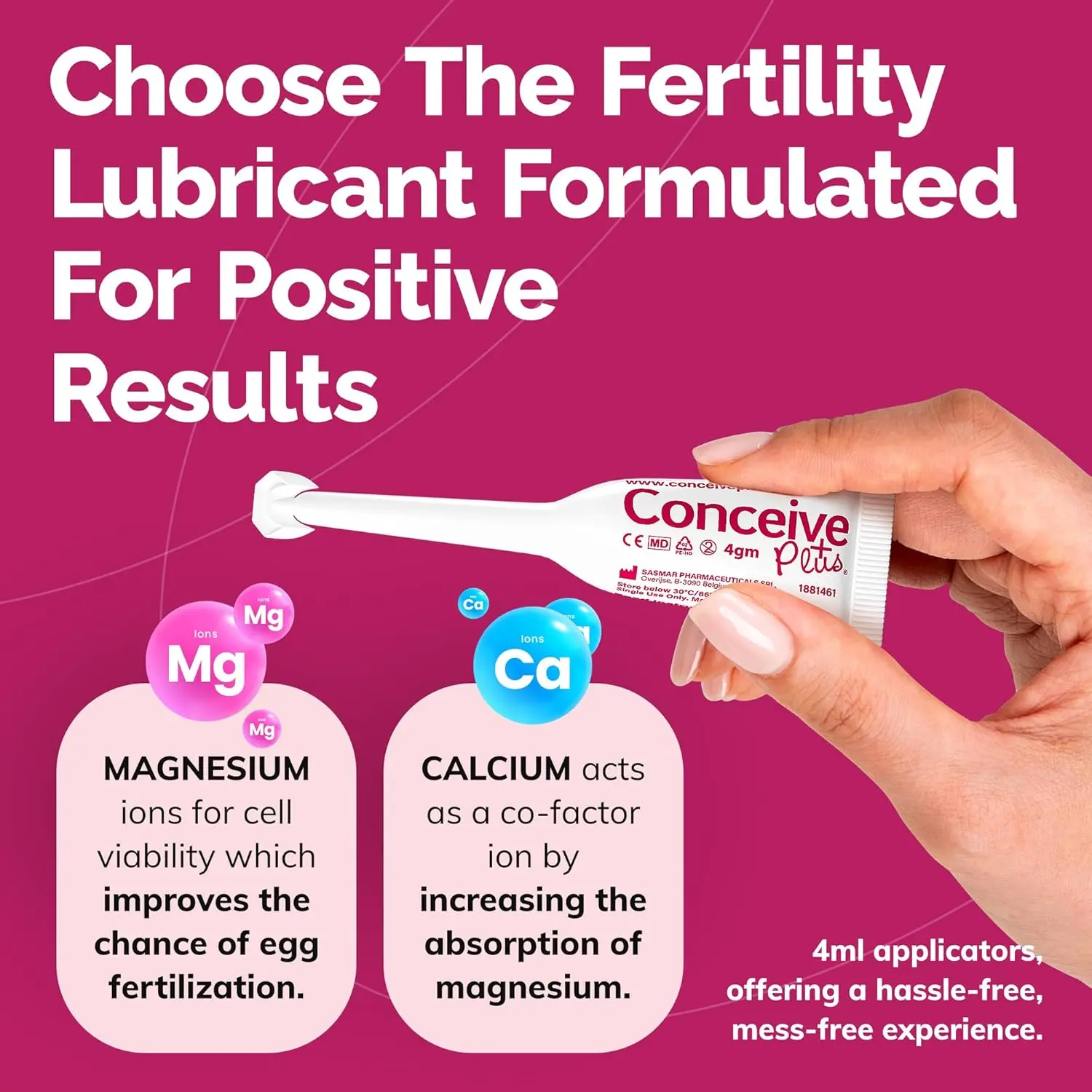 Pre-filled applicators of Conceive Plus fertility lubricant, containing calcium and magnesium, designed to support conception and enhance fertility for couples trying to get pregnant.