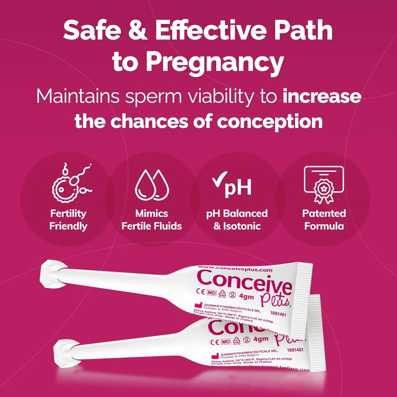 Pre-filled applicators of Conceive Plus fertility lubricant, containing calcium and magnesium, designed to support conception and enhance fertility for couples trying to get pregnant.