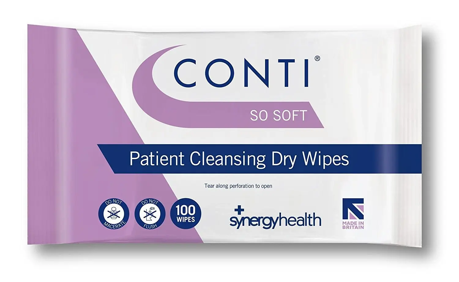A pack of 100 large Conti SoSoft patient wipes, designed for gentle and effective skin cleansing, each wipe measuring 30cm in length and 36cm in depth, and eligible for VAT relief.