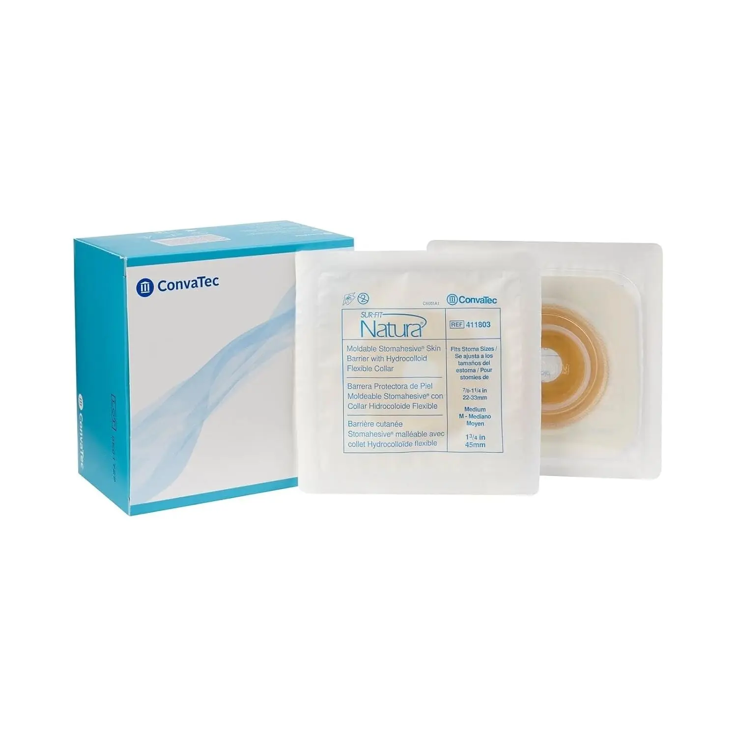 ConvaTec Natura moldable stomahesive skin barrier with turtleneck effect to protect skin from liquid output and a coupling ring for a secure pouch connection.