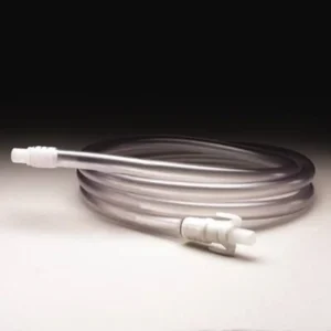 A close-up of the Convatec night drainage container tubing, 58 inches in length, used for overnight urinary drainage.