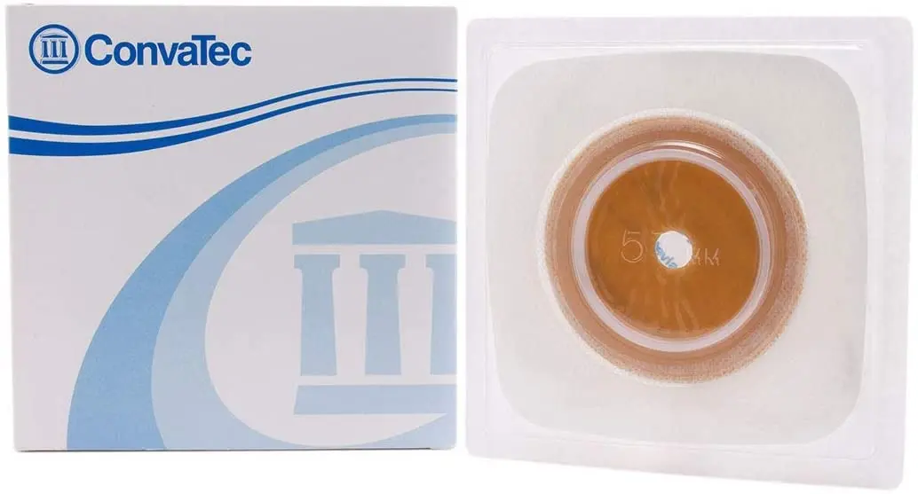 White Convatec SUR-FIT Natura Stomahesive skin barrier with tape collar adheres to both dry and moist skin, offering a secure and gentle fit for semi-formed to formed stoma output.