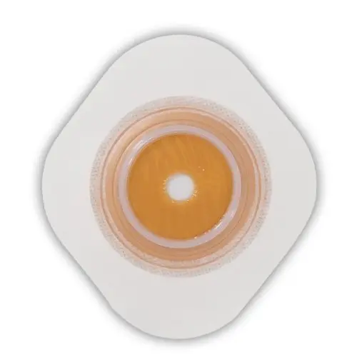 White Convatec SUR-FIT Natura Stomahesive skin barrier with tape collar adheres to both dry and moist skin, offering a secure and gentle fit for semi-formed to formed stoma output.