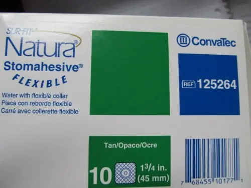 A pack of ten ConvaTec Sur-Fit Natura Stomahesive flexible wafers with a tan collar and a 4.4 cm flange for ostomy care.