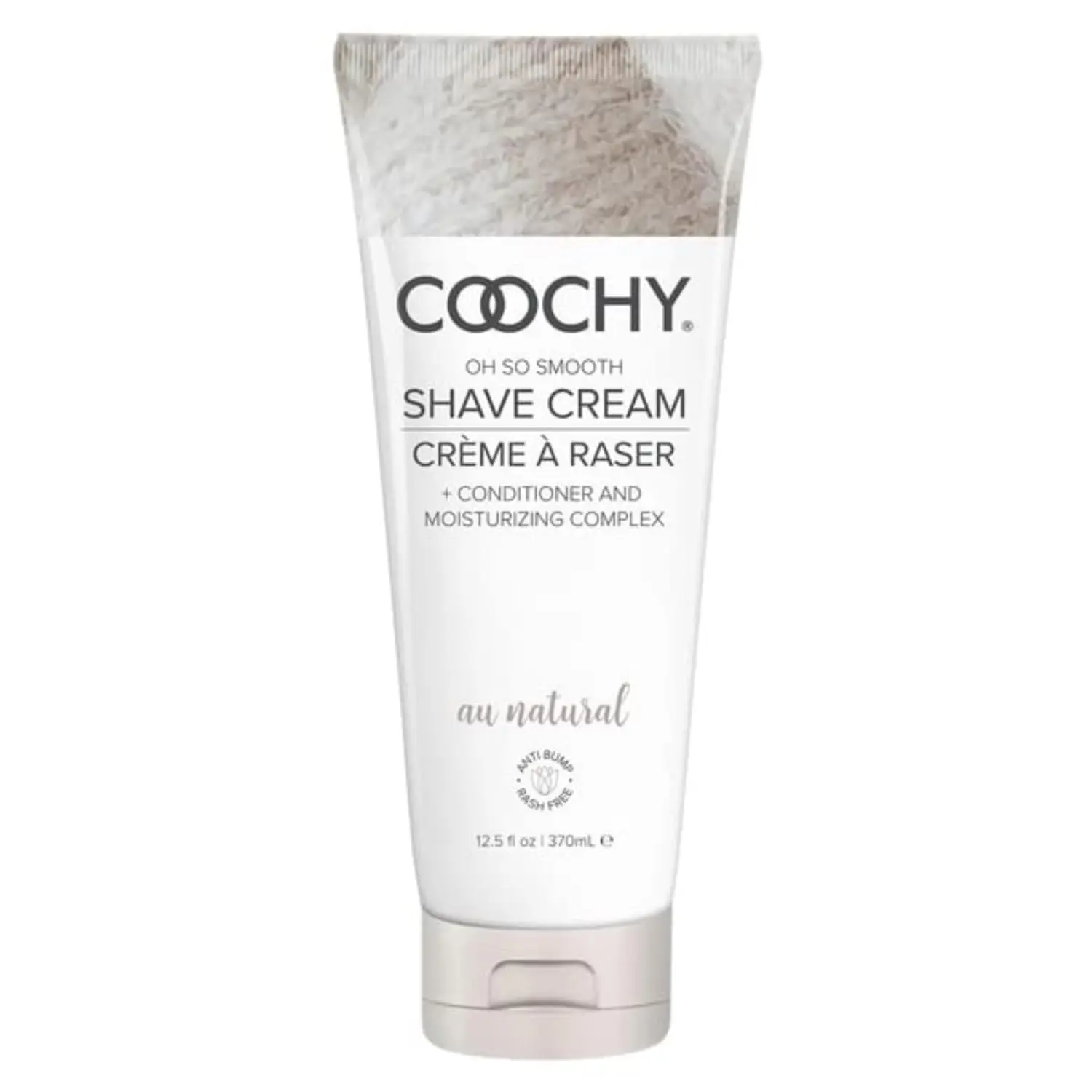 A bottle of Coochy Shave Cream Au Natural for gentle and comfortable personal grooming.