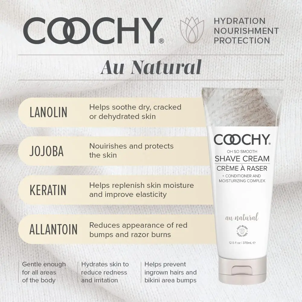 A bottle of Coochy Shave Cream Au Natural for gentle and comfortable personal grooming.