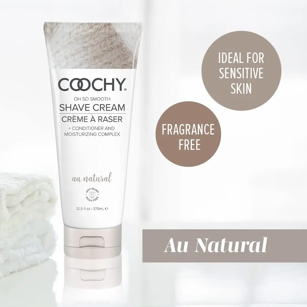 A bottle of Coochy Shave Cream Au Natural for gentle and comfortable personal grooming.