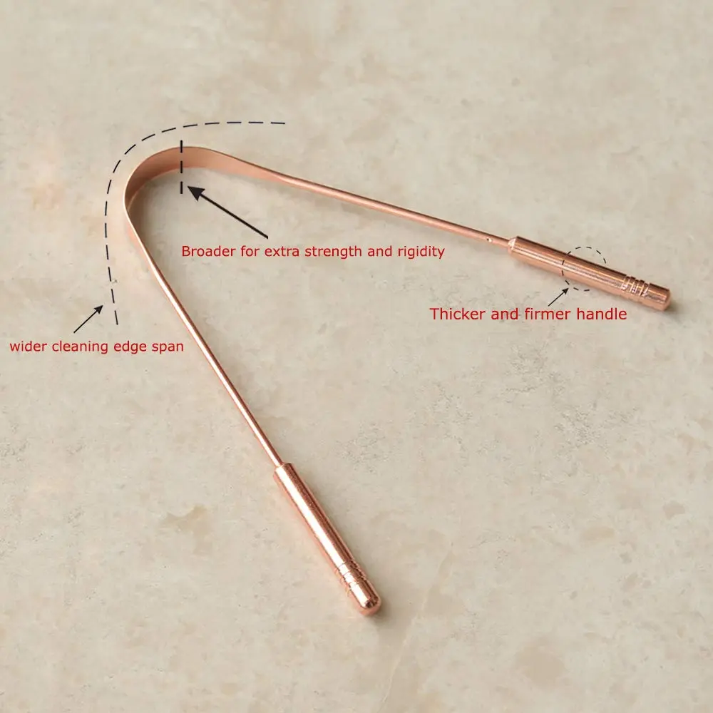 This high-quality copper tongue cleaner with stainless steel comfort grip handles gently removes bacteria and plaque for improved oral hygiene and fresh breath.