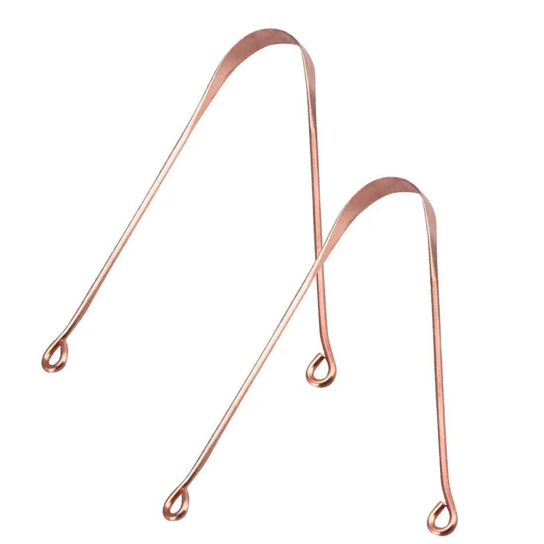 Two pure copper tongue scrapers for adults, designed for effective bacteria removal and improved oral hygiene.