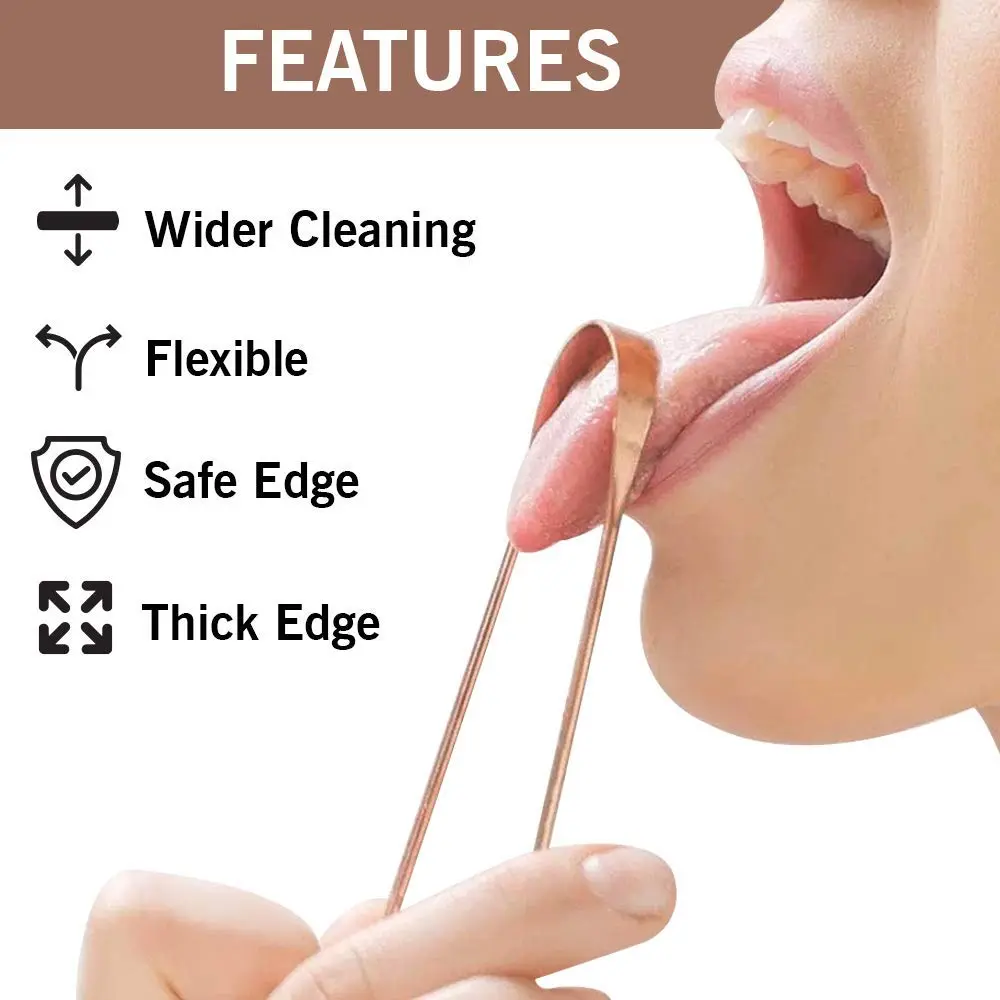 Two copper tongue cleaners made in India with comfortable grip handles for effective bacteria removal and improved oral hygiene.