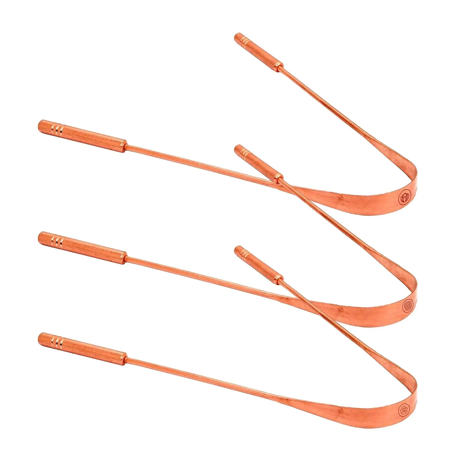 This is a pack of three copper tongue cleaners designed with a slim, curved design for effective and gentle cleaning, promoting better oral hygiene.