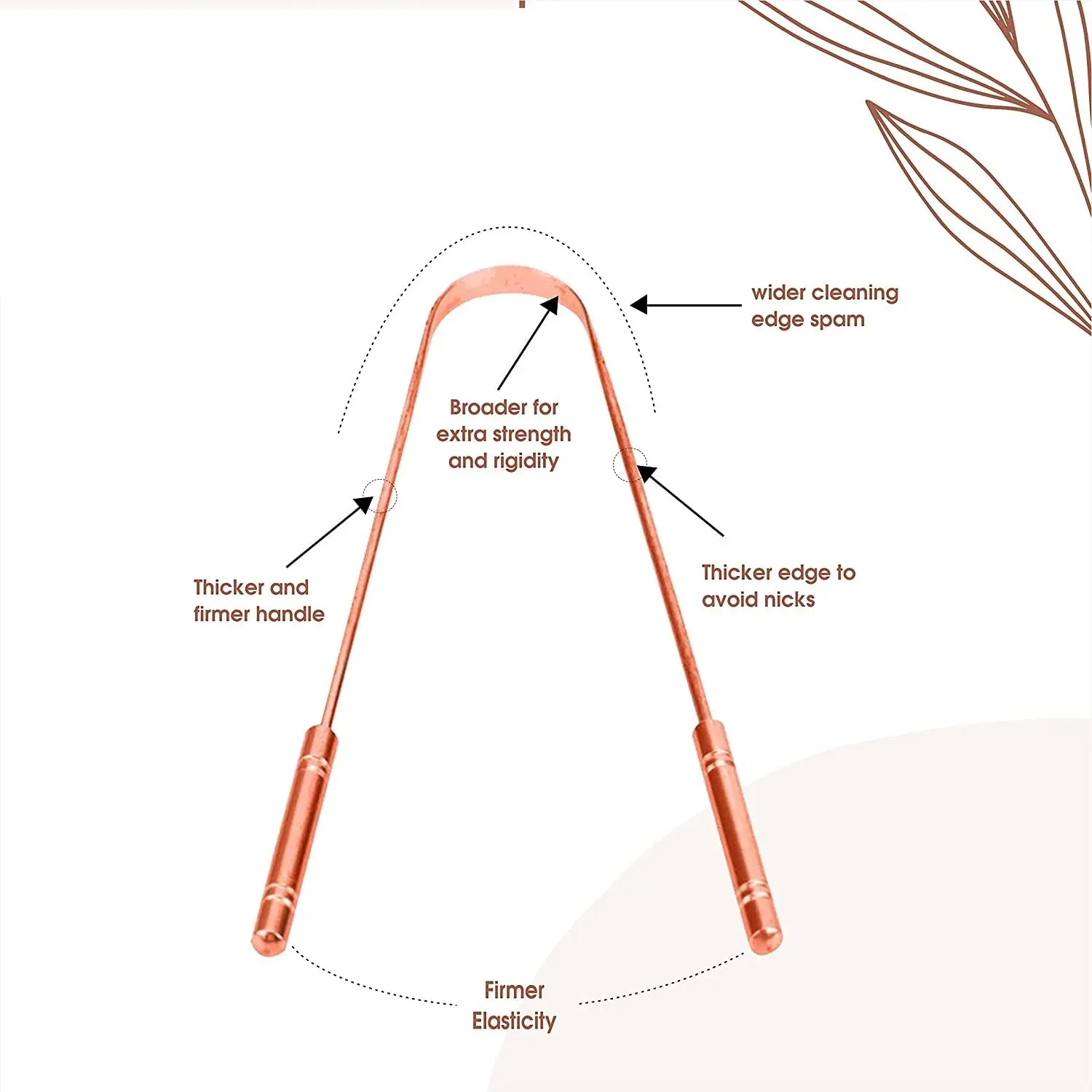 Two copper tongue cleaners made in India with comfortable grip handles for effective bacteria removal and improved oral hygiene.