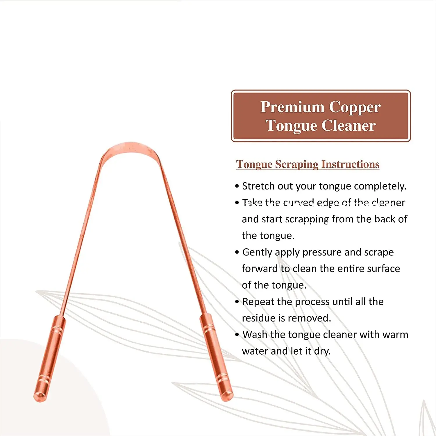 Two copper tongue cleaners made in India with comfortable grip handles for effective bacteria removal and improved oral hygiene.