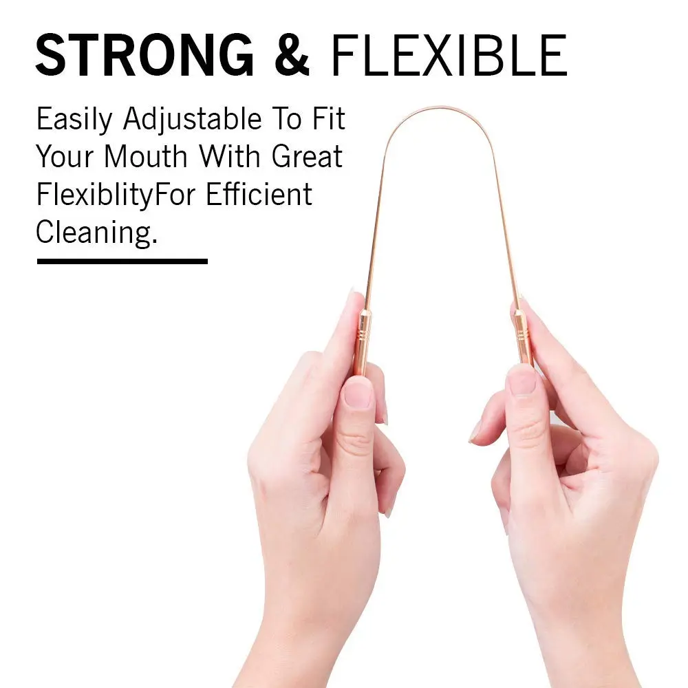 Two copper tongue cleaners made in India with comfortable grip handles for effective bacteria removal and improved oral hygiene.