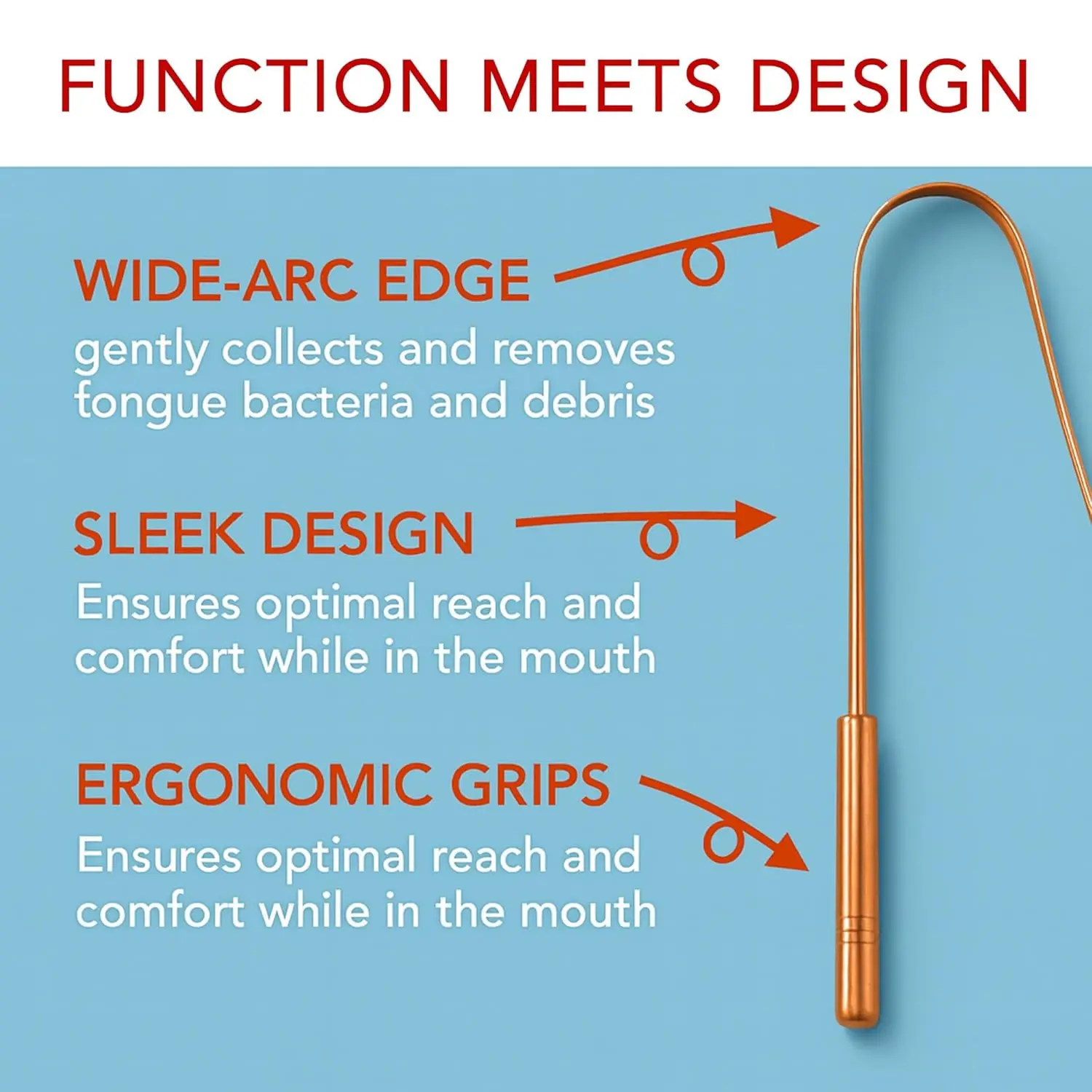 This copper tongue scraper effectively removes bacteria and debris from the tongue, promoting fresh breath and improved oral hygiene.
