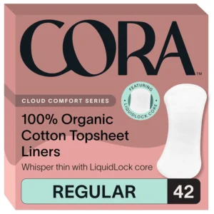 Cora ultra thin panty liners made with 100% organic cotton topsheet are hypoallergenic, breathable, and designed for confident, comfortable protection.