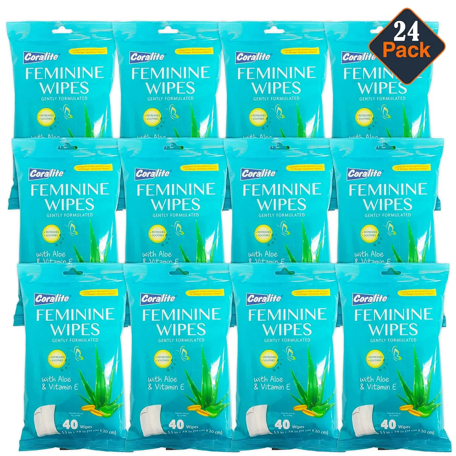 Coralite feminine wipes with Aloe Vera and Vitamin E in a resealable pouch provide a gentle and refreshing cleanse for feminine hygiene and body care.