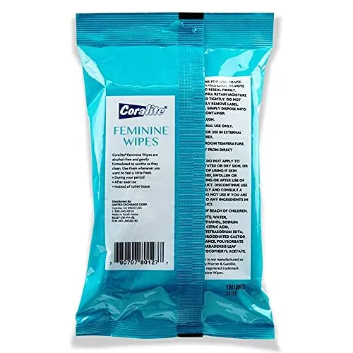 Coralite feminine wipes with Aloe Vera and Vitamin E in a resealable pouch provide a gentle and refreshing cleanse for feminine hygiene and body care.