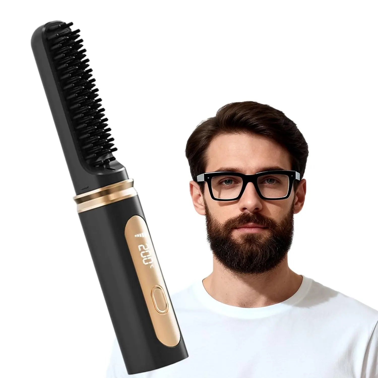 A cordless beard straightener for men with ionic technology, fast heating, and adjustable temperature settings for home or travel use is shown in use.