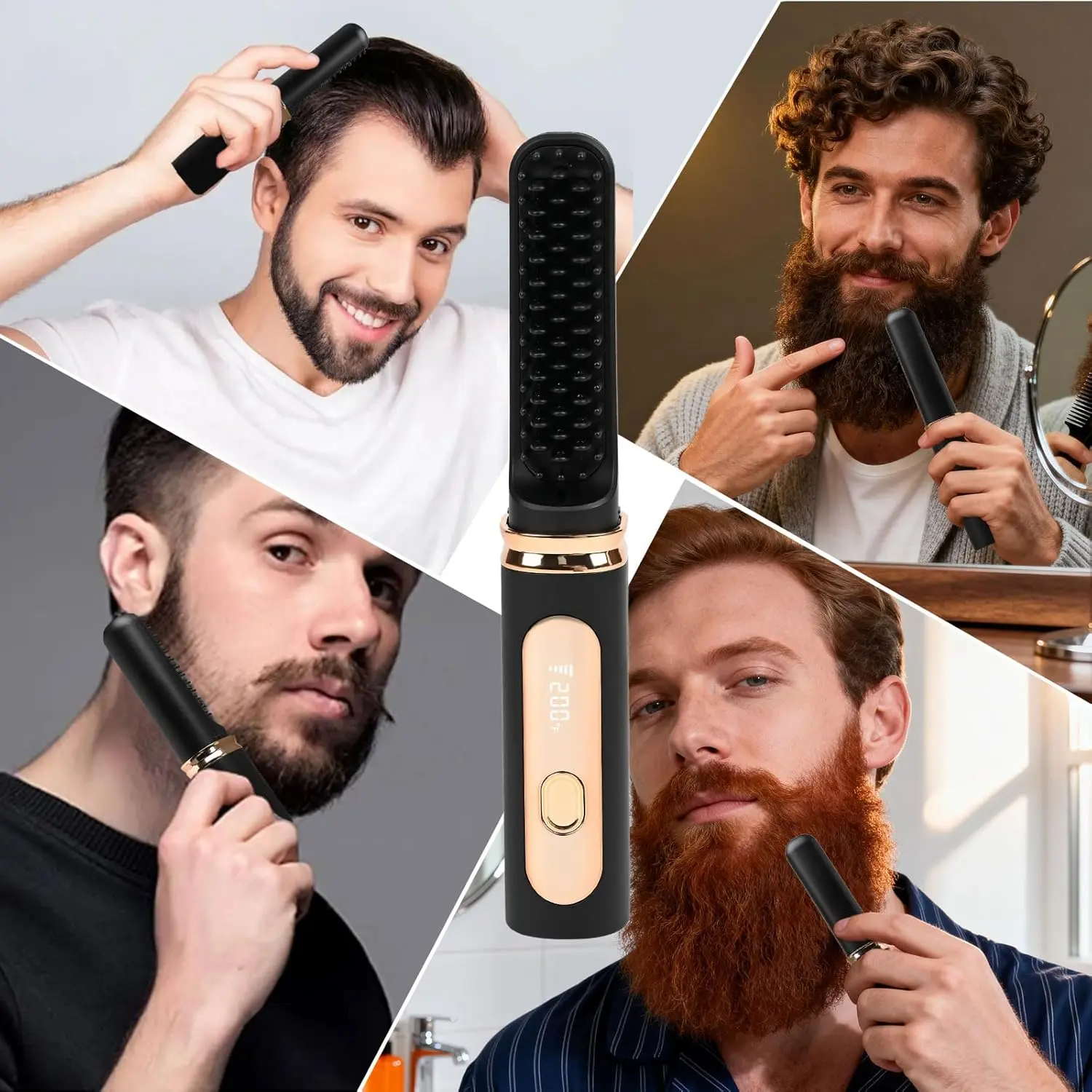 A cordless beard straightener for men with ionic technology, fast heating, and adjustable temperature settings for home or travel use is shown in use.
