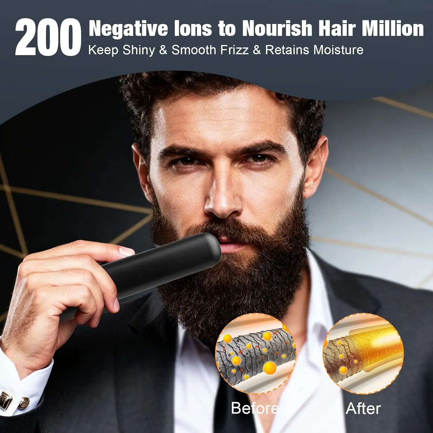 A cordless beard straightener for men with ionic technology, fast heating, and adjustable temperature settings for home or travel use is shown in use.